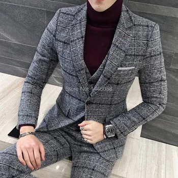 Tanie 2019 Custom Made Slim Szczelina światła Szary Plaid Sukienka Garnitur Szczyt Lapel Groom Smokingi Mężczyźni Garnitury ślubne Garnitur 3 Sztuka