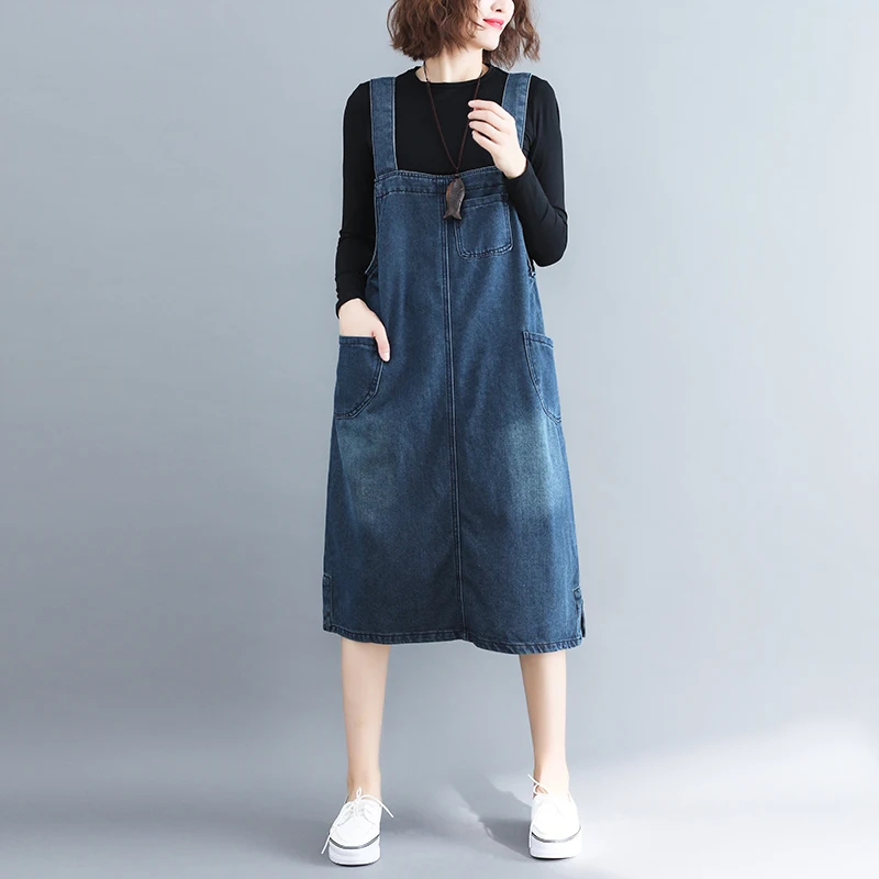 

#2466 Spring Autumn Straps Denim Dresses Women Sleeveless Plus Size Straight Pockets Distressed Jeans Dress Vintage Loose Tide