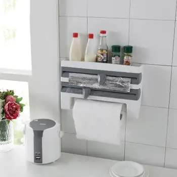 

Cling Film Dispenser Multifunction 6 in 1Kitchen Storage Shelf PaperPlastic Wrap Storage Bathroom Kitchen Cutter Wall Hang Tools