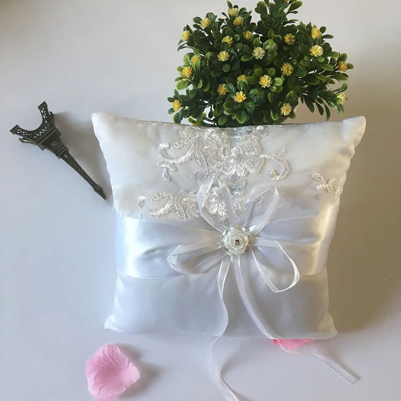 

Ivory Lace flower Ribbon bow Satin Wedding Ceremony Ring Pillows Bearer Pillow