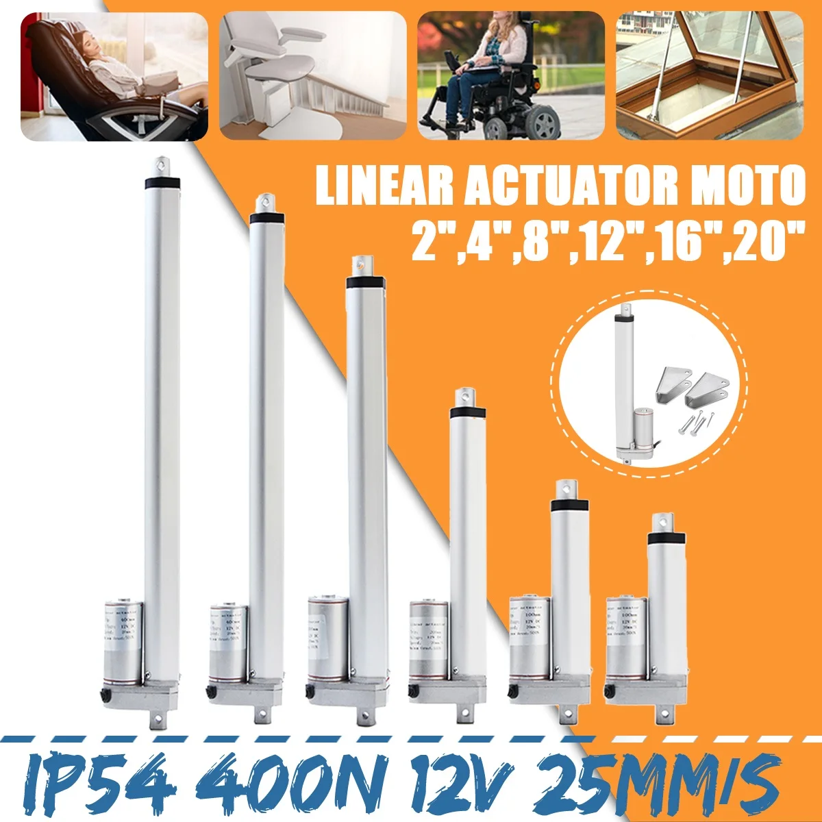 

IP54 2-20 Inch 400N 12V 25mm/s Small DC 12V Electric Motor Linear Actuator For lectric Self Unicycle Scooter Input Voltage Range
