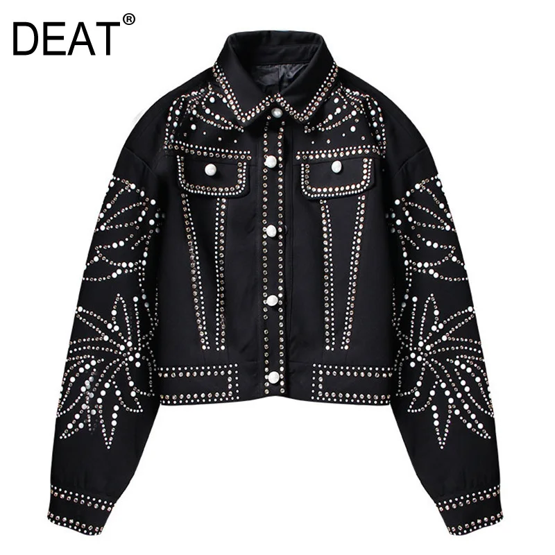 

[DEAT]2019 Spring Woman Handsome Black Turn-down Collar Spliced Rivet Diamonds Sequins Long Sleeve Loose Coat Jacket LD55