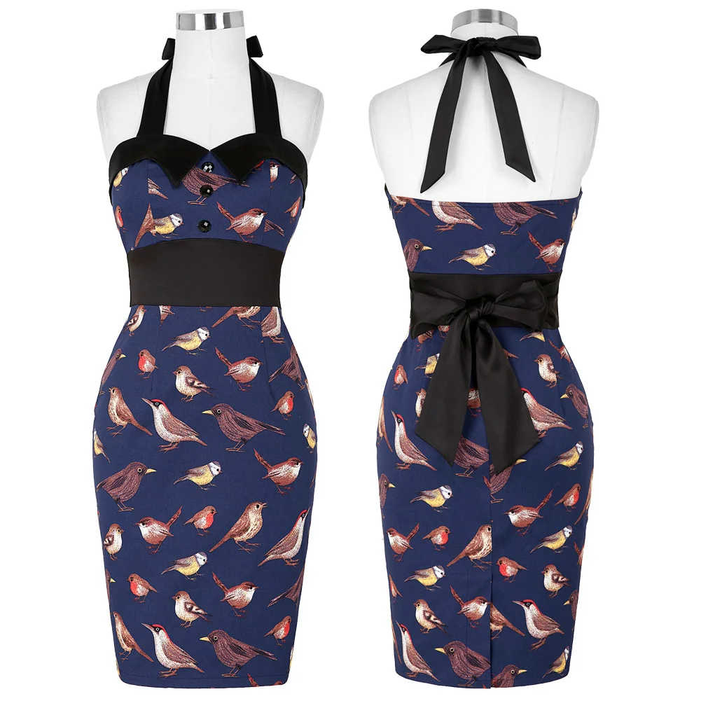 

Retro Vintage Vibrant birds Print Halter Cotton Bodycon Pencil Dress Split design 8 Size US 2~16
