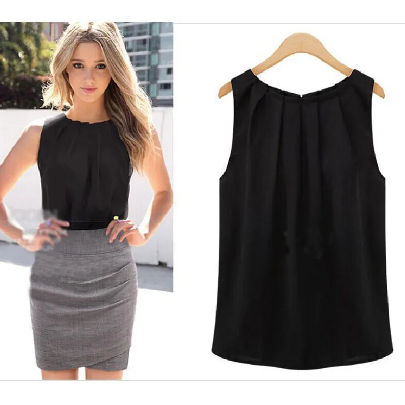 

Summer Round Neck Pullover Sleeveless Chiffon Shirt Women Casual Blouse O Neck Loose Top Tees Solid Work Shirt