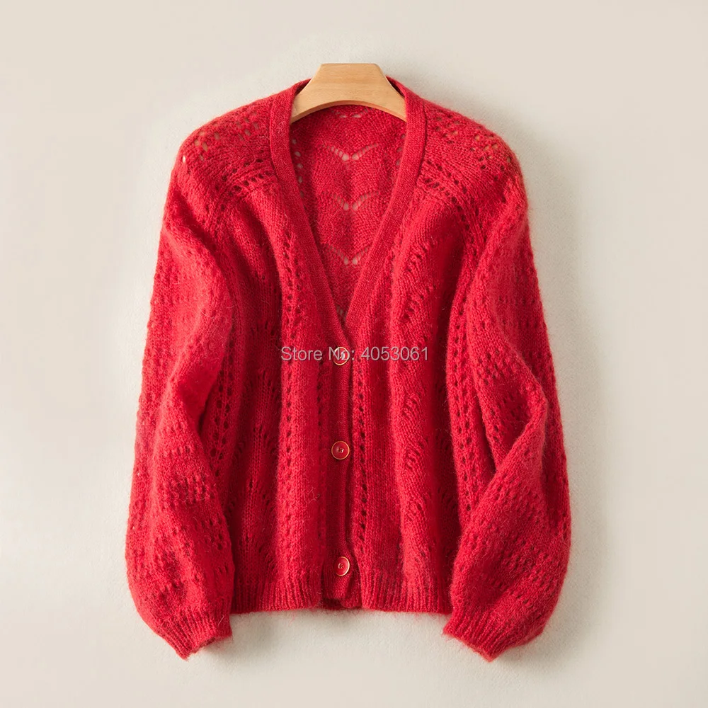 

Spring 2019 Mohair Blend V-neck Knitted Jumper Sweater Top - Ladies Red Fashion Hollow Out Button Front Knit Cardigan Top