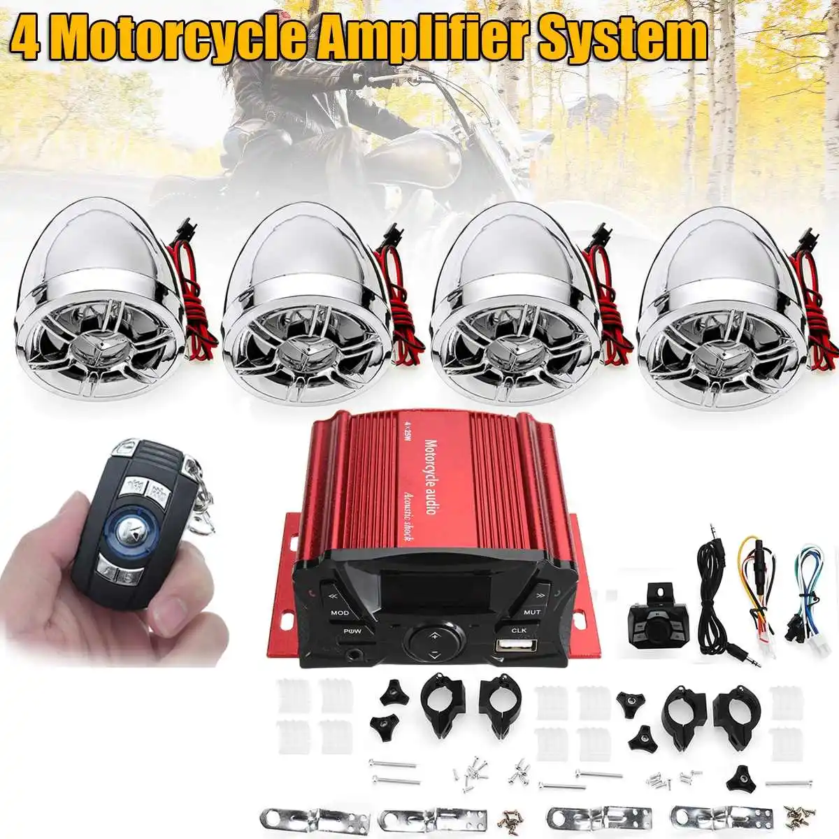 

Universal Motorcycle Amplifier System Motorcycle Speaker Horns Motorcycle Audio Suit With USB bluetooth Wireless Remote Control