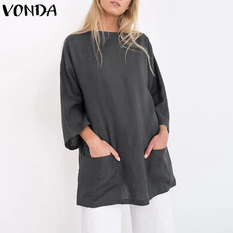 

VONDA Elegant Blouses Shirt Female 2019 Autumn Women 3/4 Sleeve Solid Shirts Pockets Long Tops Casual Loose Blusas Plus Size