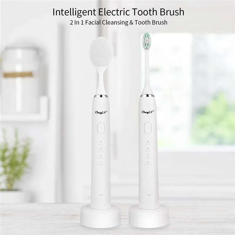 

2 IN 1 Rechargeable Electric Toothbrush Silicone Facial Cleaner Waterproof 4 Modes Sonic Tooth Brush Cleansing Whitening Brush