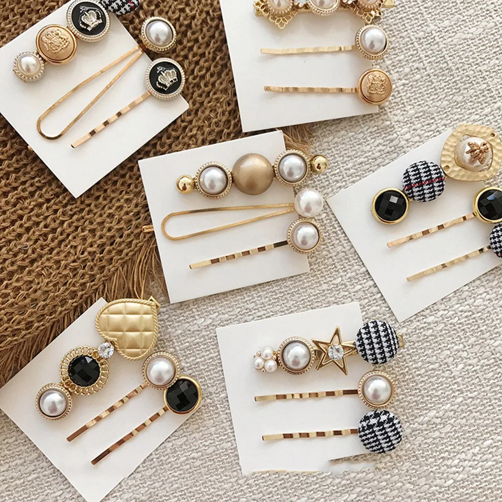 

3Pcs/set Sweet Girls Women's Acrylic Acetate Beads Hairpins Pearls Metal Buttons Hair Clips Barrettes Hair Accessories For Gifts