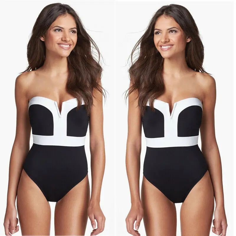 

Sexy Women Summer Off shoulder One Piece Patchwork Swimsuit Push Up Padded Bikini Swimwear Bathing Suit Monokini