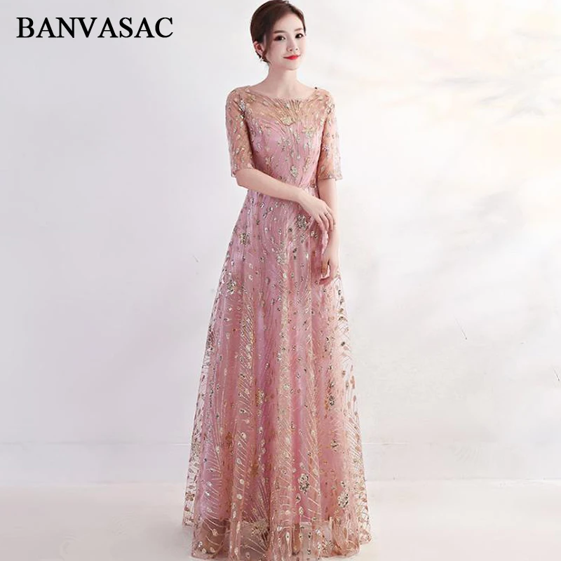 

BANVASAC Illusion O Neck Sequined A Line Long Evening Dresses Elegant Half Sleeve Metal Leaf Sash Party Prom Gowns