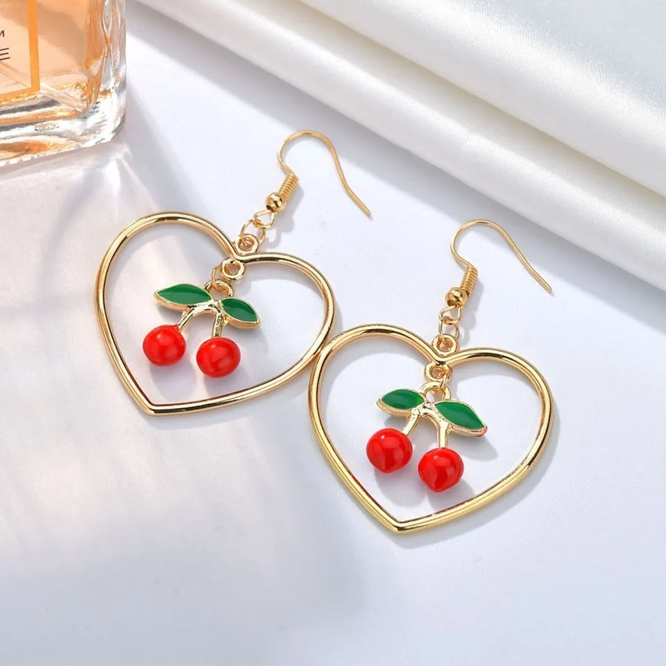 

Women Gold Hallow Heart Drop Earrings With Cute Cherry Fruits Earrings Handmade Individuality Korean Wedding Jewelry Earings