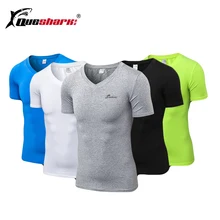 QUESHARK, мужская спортивная футболка для фитнеса с v-образным вырезом, быстросохнущая компрессионная футболка для бега, одноцветные топы для спортзала