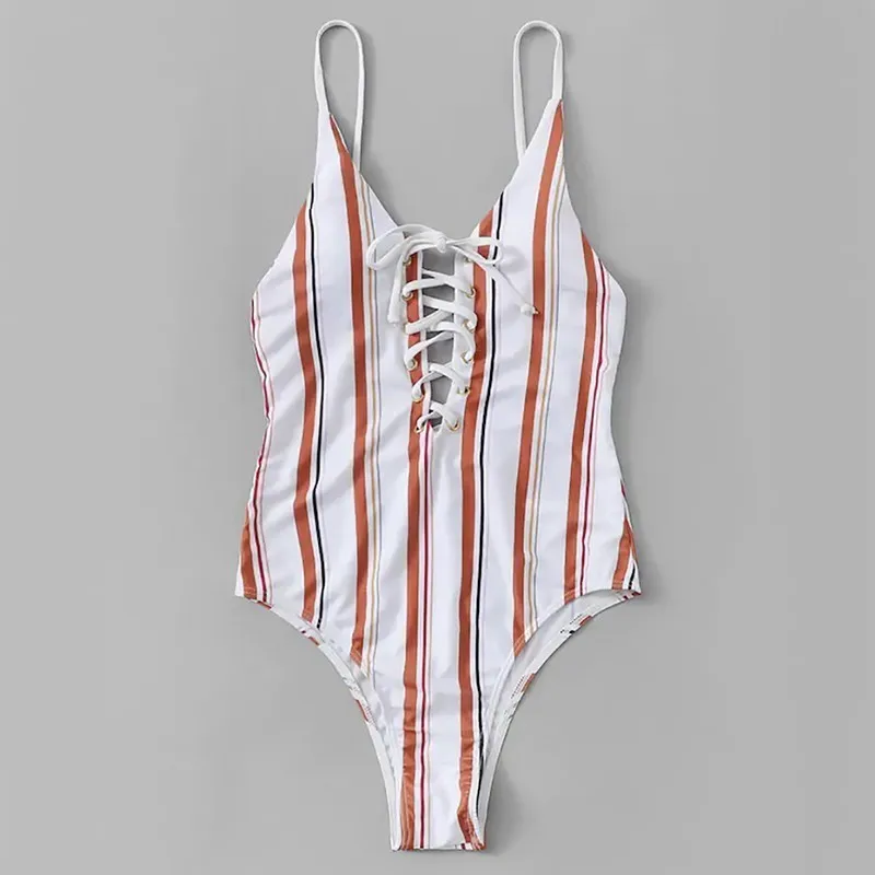 

Striped Bikini Set Women Chest Tether Hollow Swimwear High Cut String Swimsuit Women Retro One Piece Swim Suits Backless Biquini