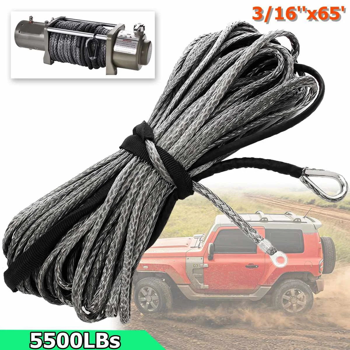3/16" x 50' Synthetic Fiber Winch Line Cable Rope 5500 LBs Sheath ATV