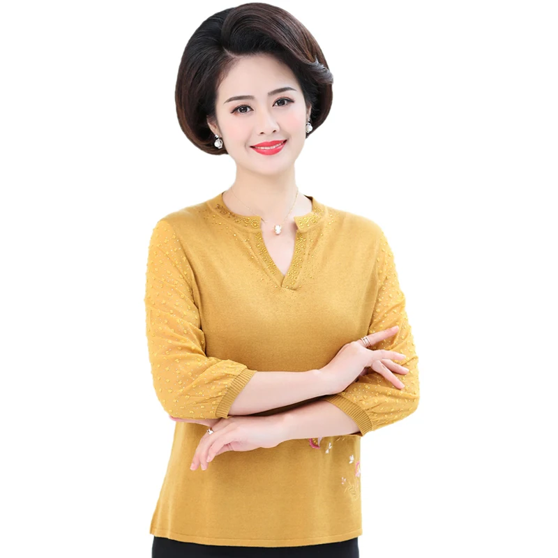 Middle Aged Women Sexy Sweaters V-neck 3/4 Sleeve Slim Tops Thin Knitted Jumpers Floral Embroidery Pullovers Plus Size 4XL