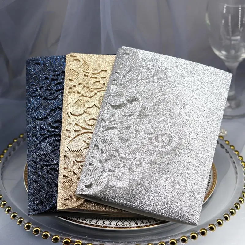  10PCS European Style Glitter Invitations Laser Cut Wedding Invitations Cards Festive Greeting Cards - 32989863201