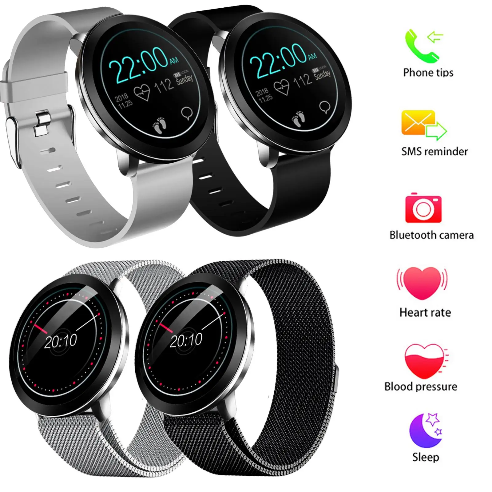 

Round Screen Bluetooth Smart Watch Heart Rate Monitor Sleep Monitor Remote Camera Phone Mate for Samsung iPhone Huawei P30 P20