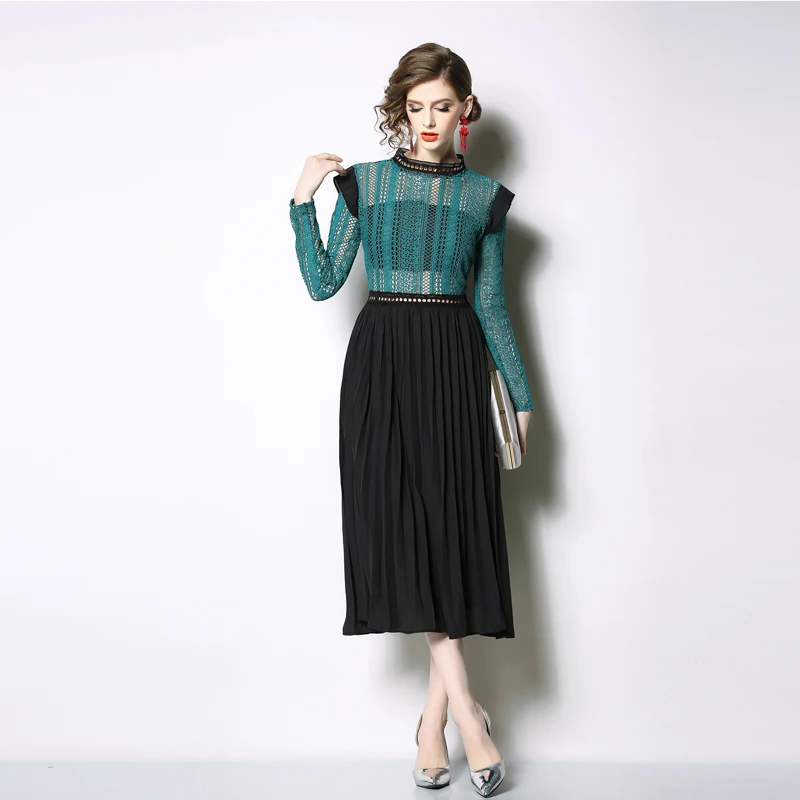 

High Quality Self Portrait Dress autumn Spring Fashion Woman Long Sleeve Hollow Out Embroidered Lace Patchwork Pleated Dresses