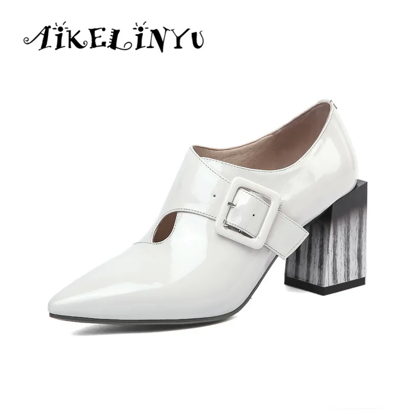 

AIKELINYU 2019 Genuine Leather Shoes Pumps Spring Women Pointy Shoes Ladies Party Flower Heels Shoes Women Metal decoration Shoe