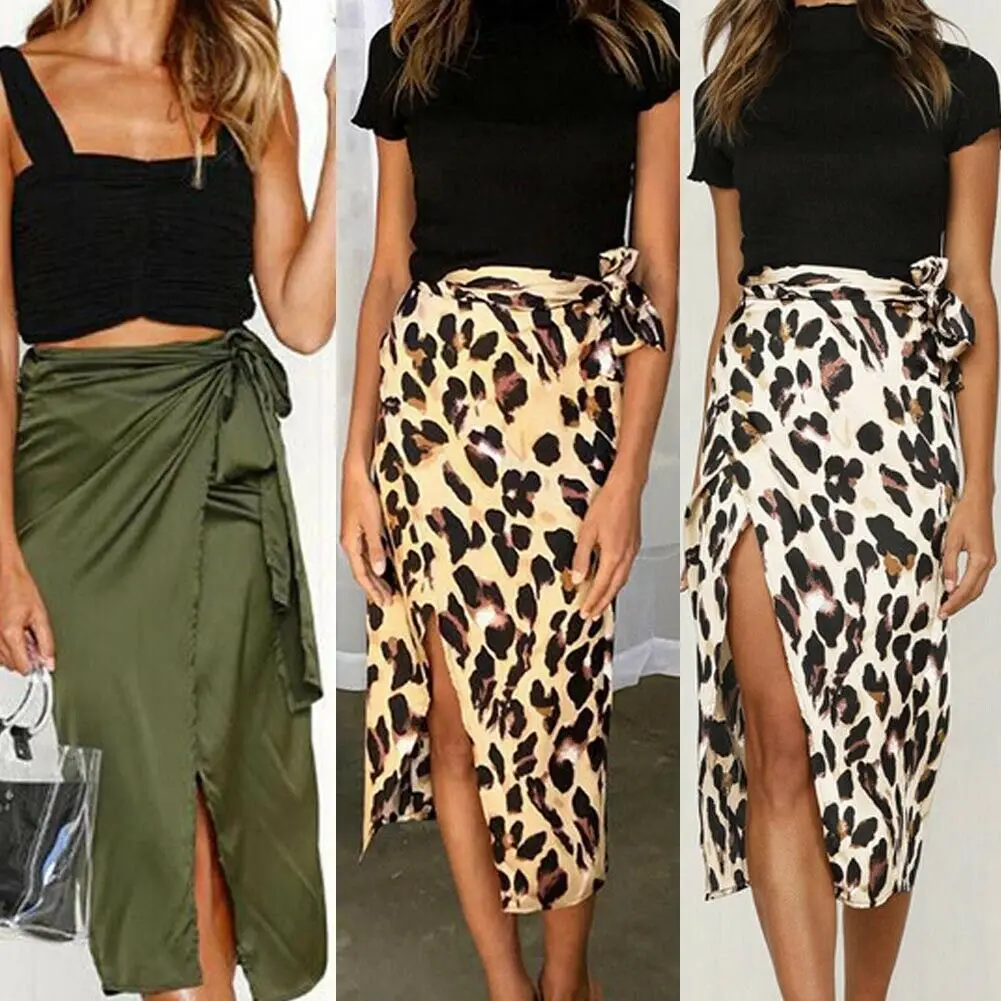 

New Women Leopard Print Fishtail Skirts Retro Satin Flareskirt High Waist Clothes Sashes Split Soft Empire Beach Holiday 1Pcs
