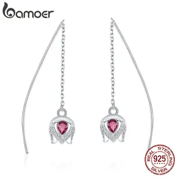 

BAMOER Real 925 Sterling Silver Romantic Tulip Flower Shape Drop Earrings for Women Pink CZ Sterling Silver Jewelry SCE504