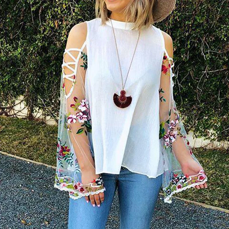 

Women's Ladies shirt Casual blouse Loose Floral Tulle Long Sleeve One Cold Shoulder shirt