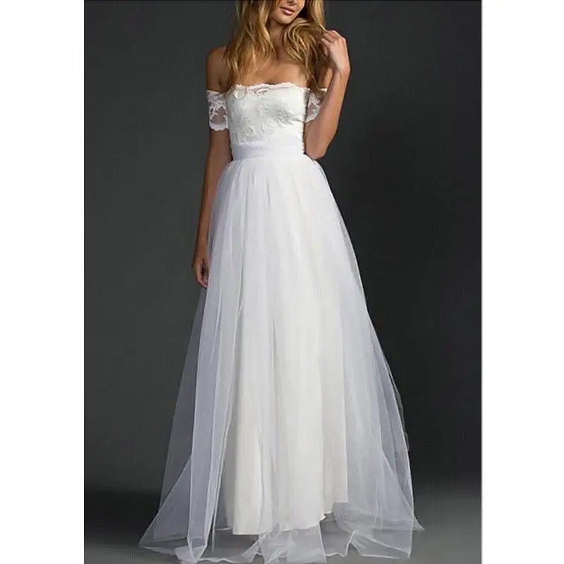 

2019 Lace slash neck dress Women Ladies Short Sleeve Off Shoulder Voile Dress Long Pageant Wedding Formal Summer White Dresses