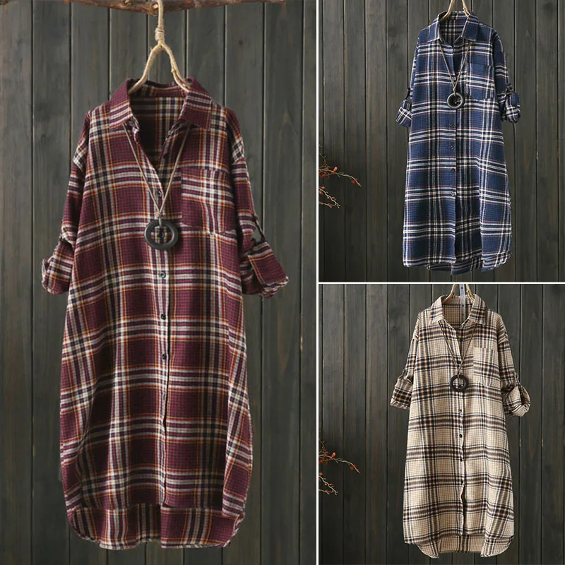 Осеннее платье с длинными рукавами в клетку Chemise для женщин сетки блузка 2021 ZANZEA