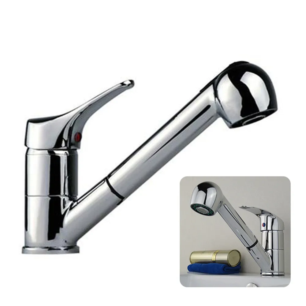

Newest 1 Set 360 Rotation Kitchen Faucets Pull Out Swivel Spout Sink Faucet Single Hole Chrome Polished Kitchen Faucets Tap HWC