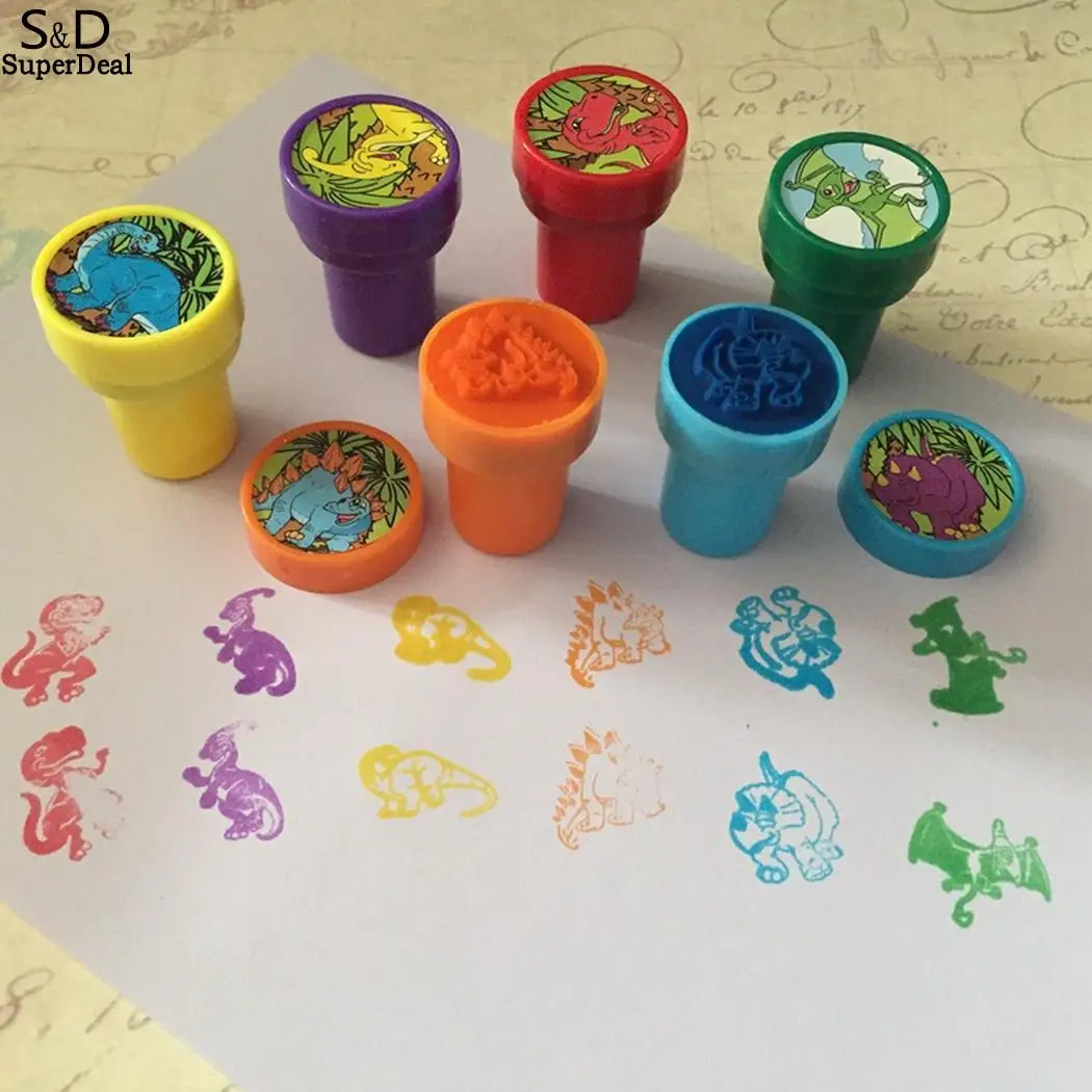 

Each Casual Dinosaur pre Cute Cartoon Colorful 6Pcs Stampers Kids inked Unisex Crafts Gifts plastic Toy Fun stamp comes