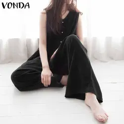 VONDA S-5XL женские комбинезон лето 2019 Повседневное свободные карманы хлопок костюм пляжного типа без рукавов Винтаж женский комбинезон плюс