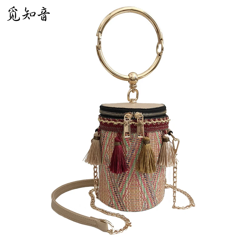 

Women Straw Bucket Bags Japan Style Female Woven Beach Barrel Lady Cylindrical Ins Popular Vintage Shoulder Bag Tote Ss3198