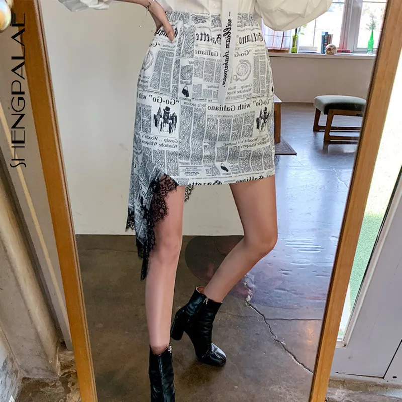 

SHENGPALAE 2019 New Fashion Newspaper Printing High Waist Irregular Spring Summer Vintage Asymmetrical Lace Women Skirt FN077