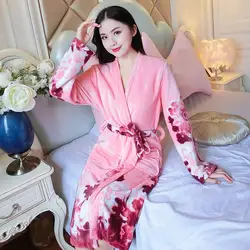 2018 женские толстые теплые зимние для ванной Халат для женщин цветок фланель кимоно халат Свадебные невесты халаты