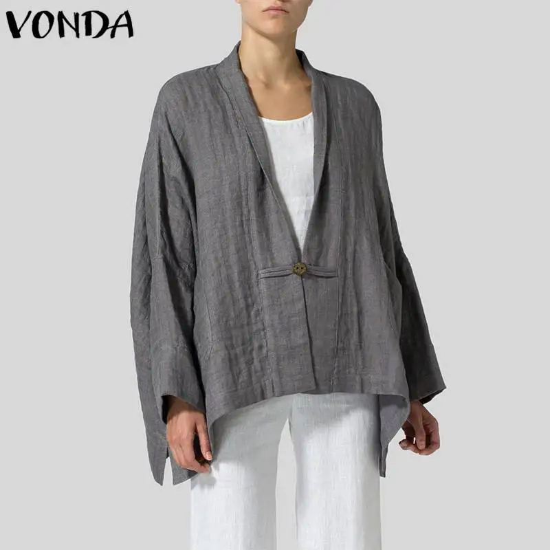 

Women Vintage Kimono Coats 2019 Autumn Long Sleeve Cardigan Sexy V Neck Casual Loose Solid Outwear Plus Size Blusas Tops Female