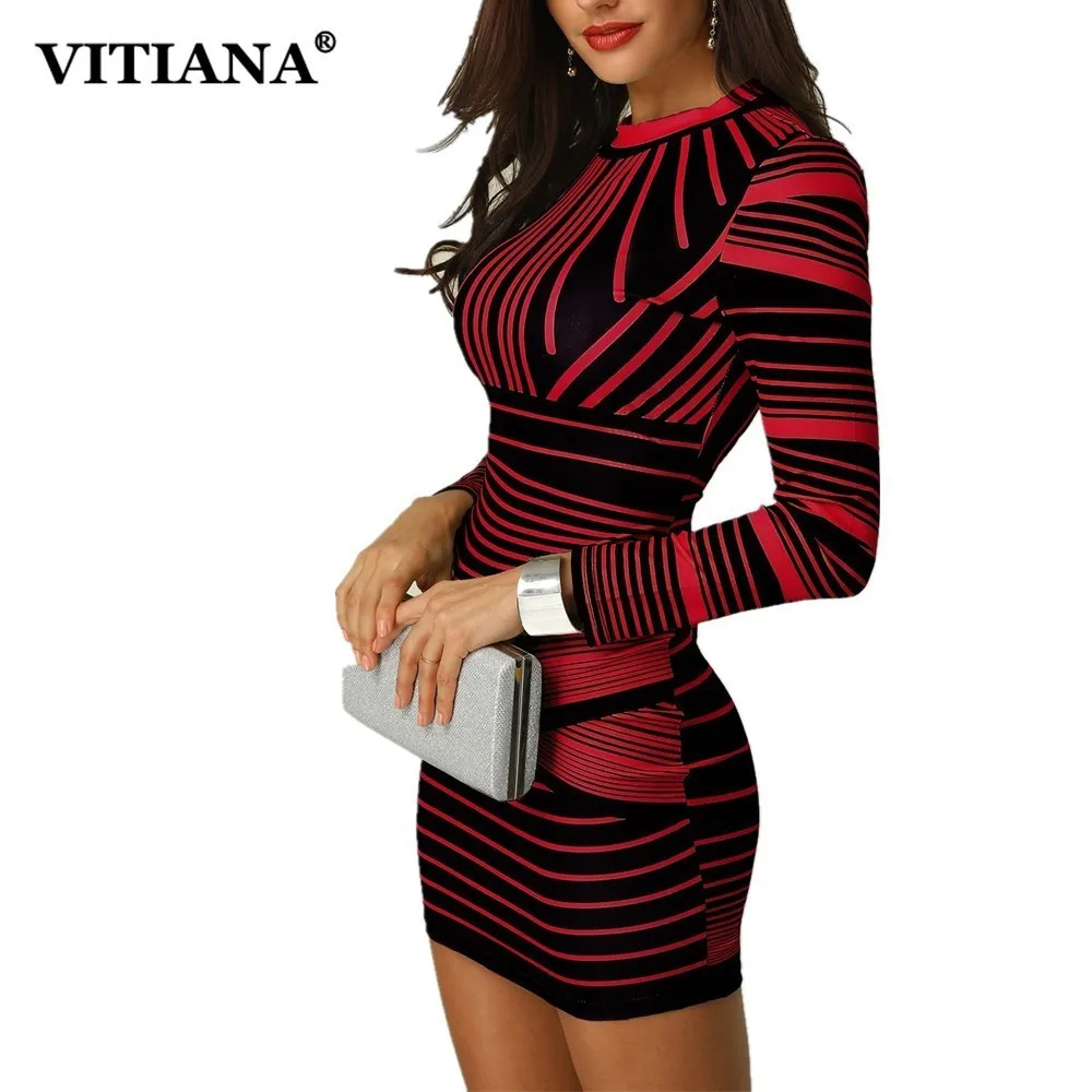 

VITIANA Women Short Bodycon Party Dress Female 2018 Winter Long Sleeve Red Black Striped Print Elegant Pencil Club Casual Dress