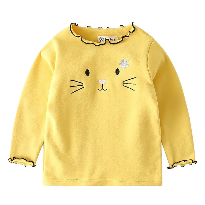 Spring Fall Girls Shirts Cotton Long Sleeve Cartoon Cat Embroidery Children's T-Shirt Girl Kids Baby Toddler Tops And Blouses