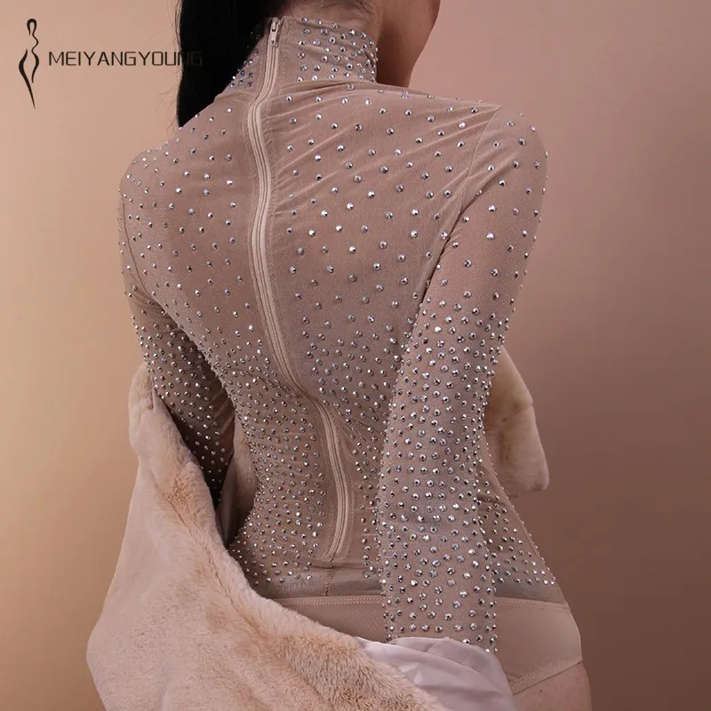 Shiny Rhinestone Bodysuit Women Long Sleeves Sexy Bodysuit Transparent Mesh Crysta Overalls 