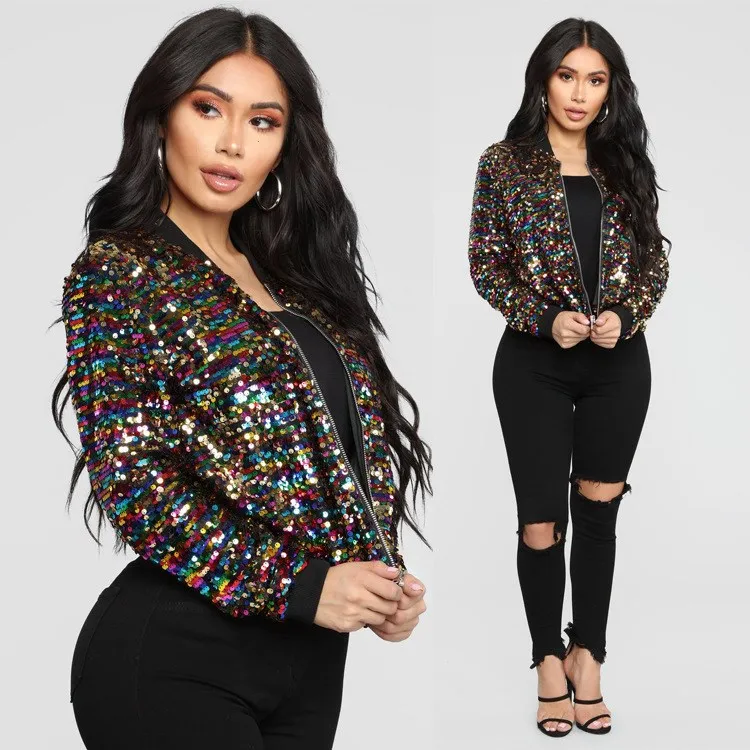 

2019 Women Colorful Sequin Bomber Jacket Casual Long Sleeve Basic Jackets Cool Street Bling Bling Glitter Coat