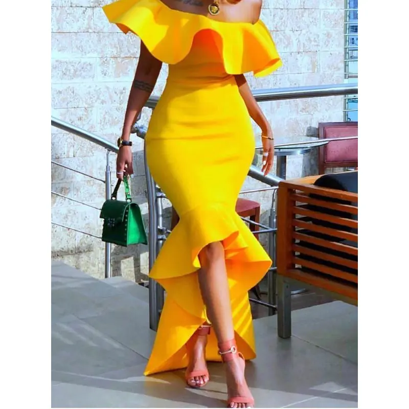 

Women Maxi Dress Sexy Off Shoulder Fashion Yellow Ladies Strapless Asymmetric High Low Bodycon Evening Ruffles Party Long Dress