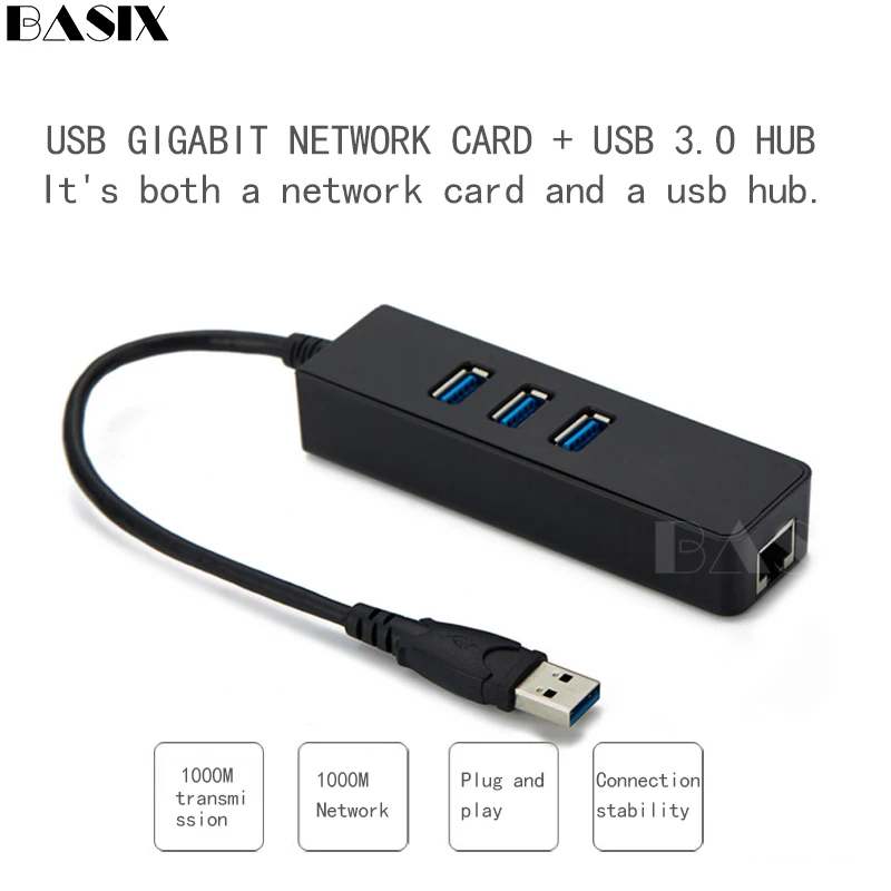

Basix Usb Ethernet USB to RJ45 Lan Network Card USB3.0 Hub 3 Port 10/100/1000Mbps Gigabit Ethernet Adapter for Windows laptop