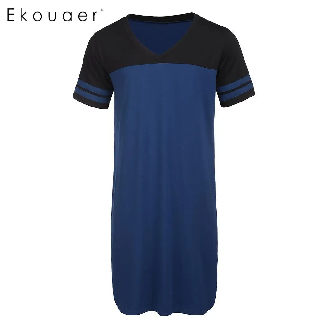 Ekouaer Для мужчин пижамы с длинным сна футболки с v-образным вырезом короткий рукав контраст по колено ночь носить ночную рубашку мужские