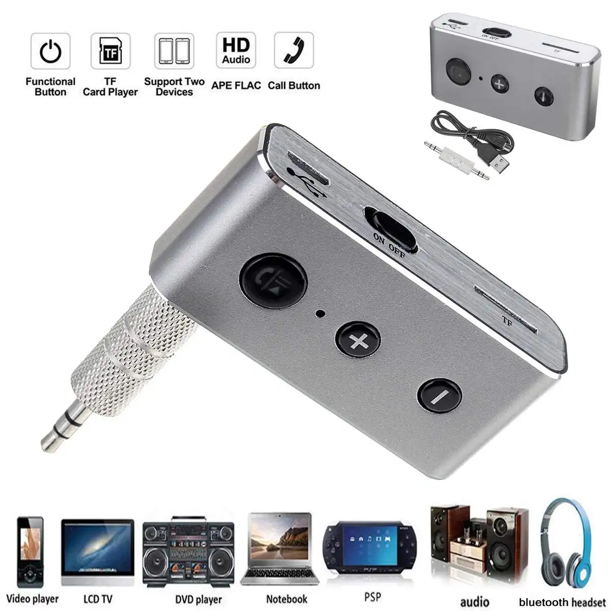 

Wireless bluetooth USB 3.5MM AUX Audio Stereo Music Home Car Receiver Adapter Silver Metal Shell