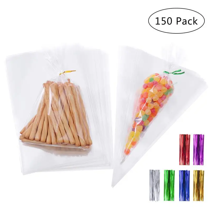 

150 Pcs Clear Treat Bags with 160 Pcs Metallic Twist Ties Party Favor Candy Bags for Cookies Candies Chocolates Dessert