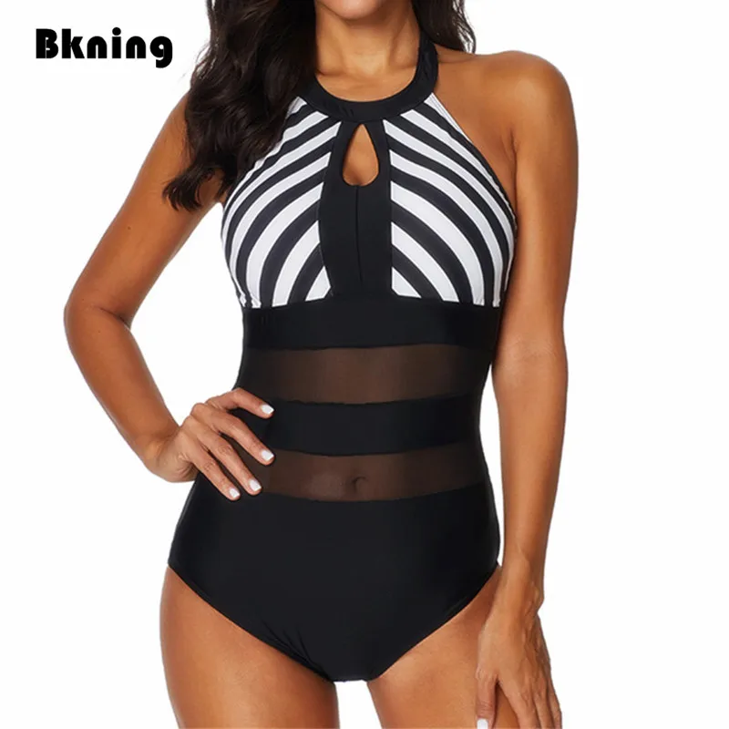 Online Bkning XXL Badeanzüge Weibliche One 1 Stück Bademode Plus Größe Badeanzug High Neck Transpare Mayokini Große Mesh Gestreiften Badpak