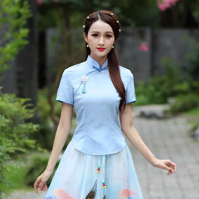 SHENG COCO китайская винтажная одежда Guzheng костюм Чонсам чайные топы летние льняные