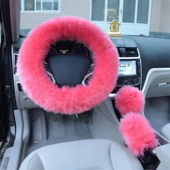 

3pcs/set pink Car Steering Wheel Cover Wool Winter Essential Universal