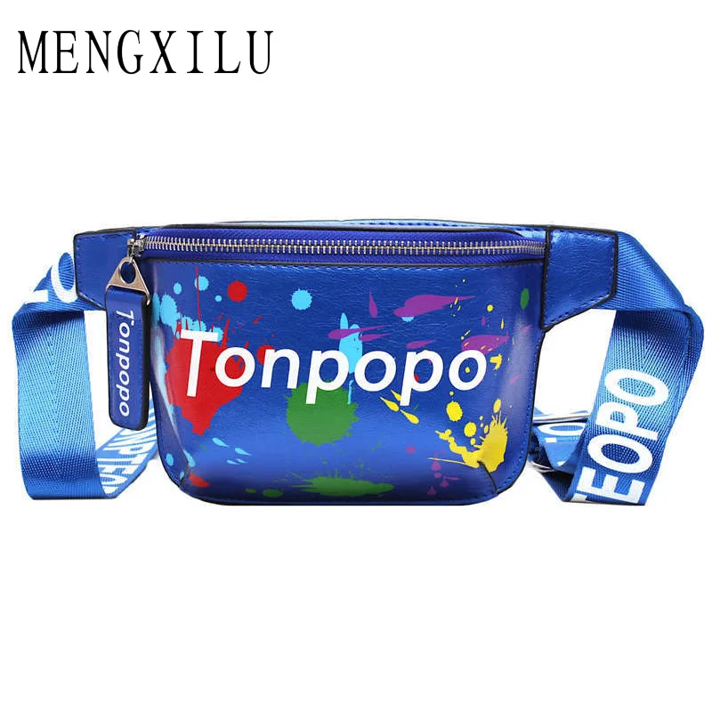 

New Style Bags for Women 2019 Waist Bag Women Personality Belt Bag Pu Leather Graffiti Chest Handbag with Colorful Shoulder Belt