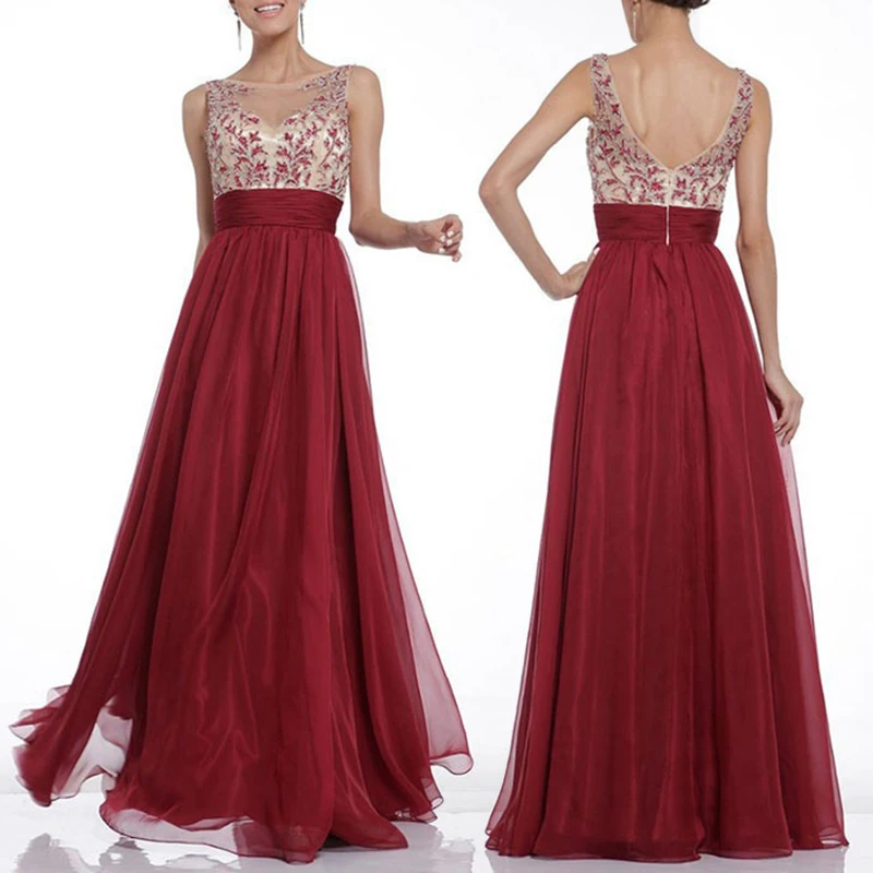 

Women Elegant Color Red Evening Formal Gown Embroidered Sexy Backless Long Dress